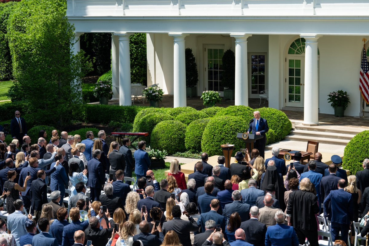 President Donald Trump delivers remarks at a National Day of Prayer event, Thursday, May 1, 2025, in the White House Rose Garden. (Official White House Photo by Molly Riley)