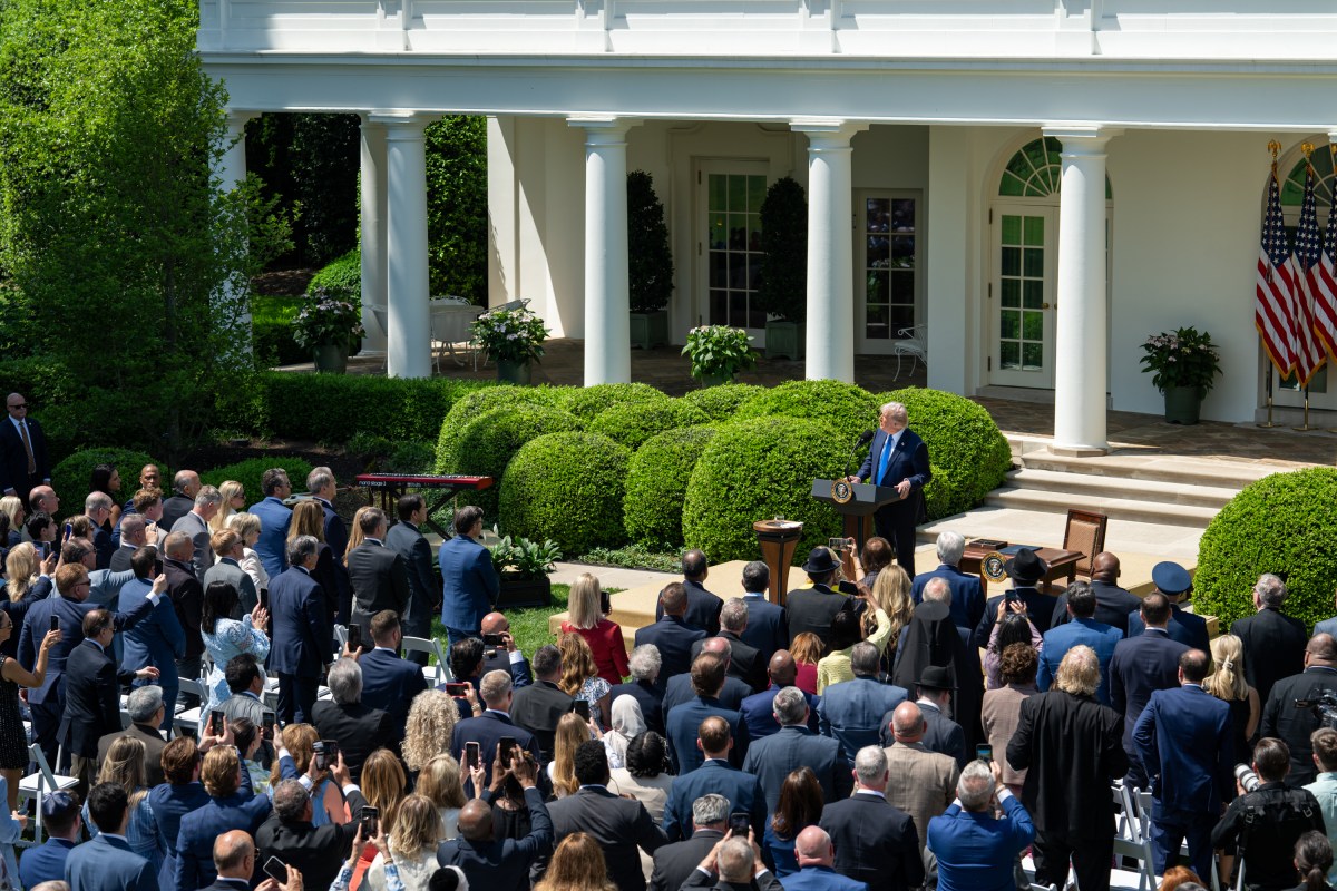 President Donald Trump delivers remarks at a National Day of Prayer event, Thursday, May 1, 2025, in the White House Rose Garden. (Official White House Photo by Molly Riley)