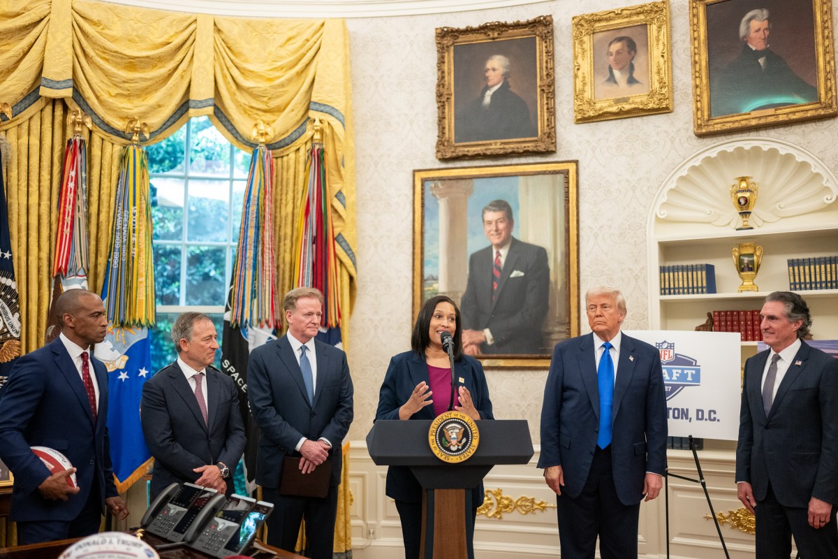 President Donald Trump is joined by White House Opportunity and Revitalization Council Executive Director Scott Turner, Washington Commanders owner Josh Harris, NFL Commissioner Roger Goodell, Washington D.C. Mayor Muriel Bowser, and Secretary of the Interior Doug Burgum, for an announcement that Washington, D.C. will host the 2027 NFL Draft, Monday, May 5, 2025, in the Oval Office. (Official White House Photo by Molly Riley)