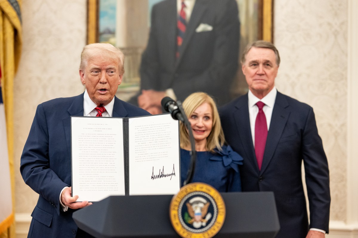President Donald Trump participates in the swearing-in ceremony for U.S. Ambassador to China David Purdue, Wednesday, May 7, 2025, in the Oval Office. (Official White House Photo by Molly Riley)