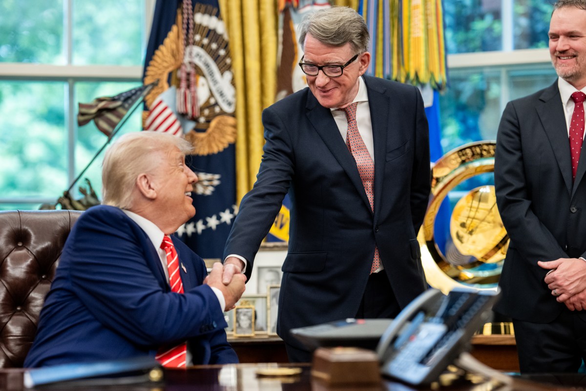 President Donald Trump is joined by Secretary of Commerce Howard Lutnick, Vice President JD Vance, British Ambassador Peter Mandelson, U.S. Trade Representative Jamieson Greer, and Secretary of Agriculture Brooke Rollins, while announcing a trade agreement with the U.K., Thursday, May 8, 2025, in the Oval Office. (Official White House Photo by Molly Riley)