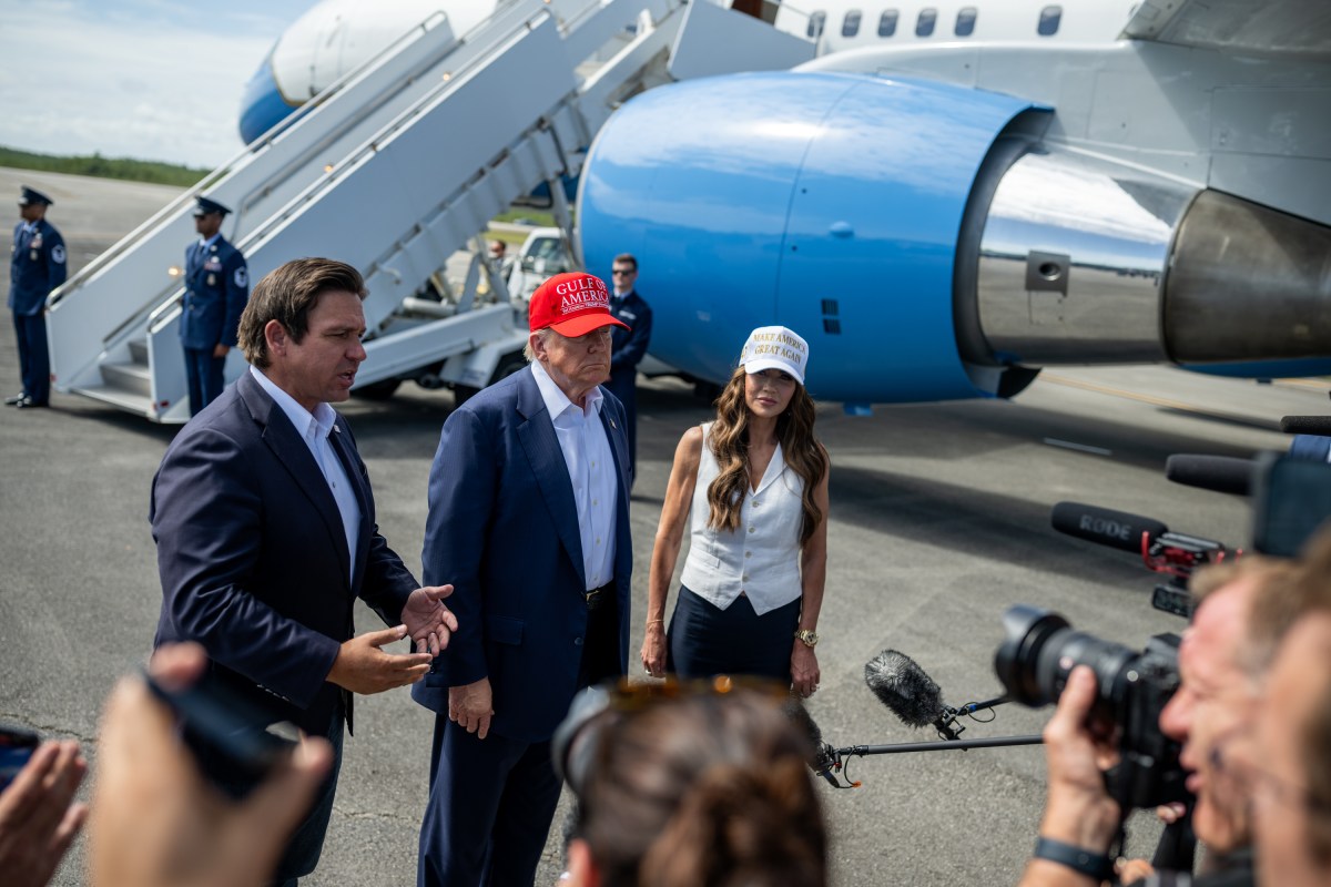 President Donald Trump, Florida Governor Ron DeSantis (R) and Secretary of Homeland Security Kristi Noem speak to members of the press at Dade-Collier Training and Transition Airport in Ochopee, Florida, Tuesday, July 1, 2025. (Official White House Photo by Daniel Torok)