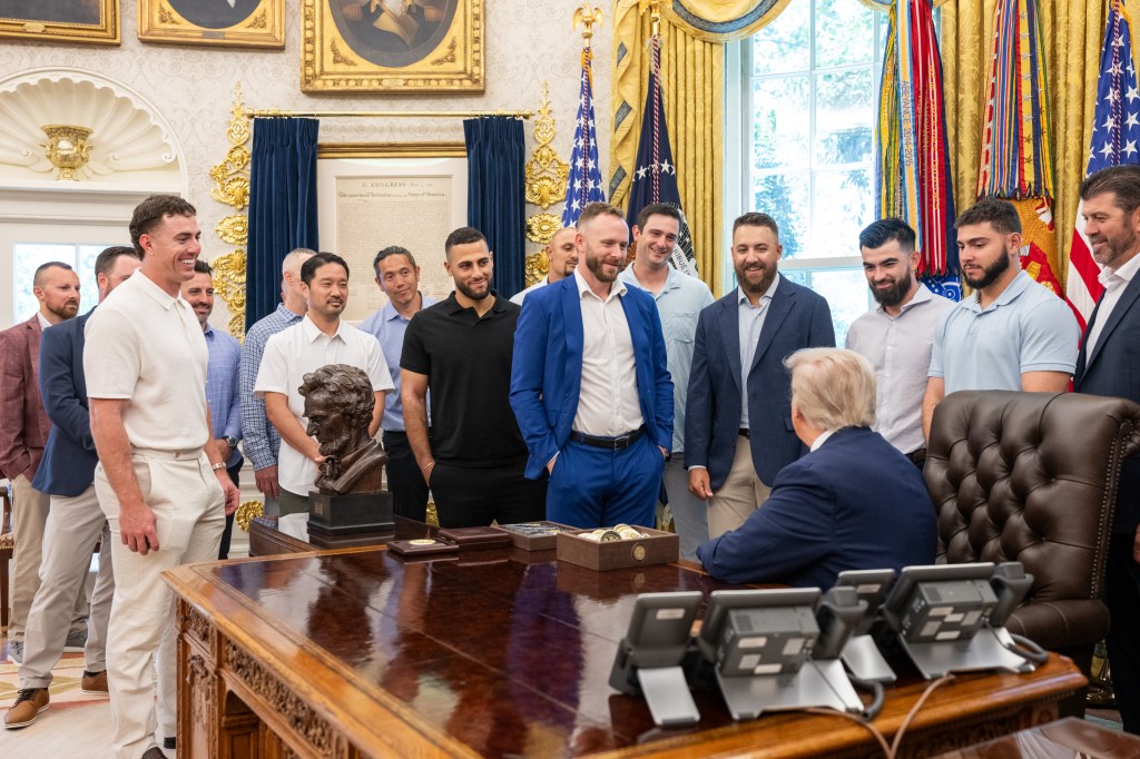 President Donald Trump welcomes members of the Boston Red Sox to the Oval Office, Thursday, July 3, 2025. (Official White House Photo by Molly Riley)