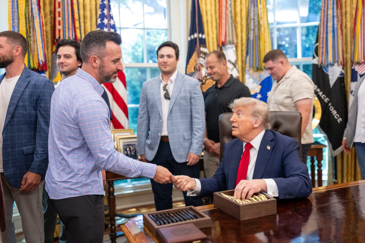 President Donald Trump welcomes members of the Boston Red Sox to the Oval Office, Thursday, July 3, 2025. (Official White House Photo by Molly Riley)