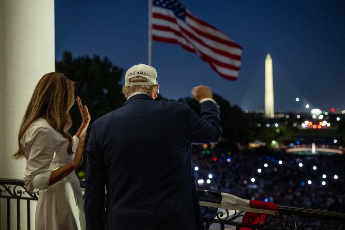 President Donald Trump and First Lady Melanie Trump view a 4th of July fireworks display over the National Mall from the Blue Room Balcony, Friday, July 4, 2025. (Official White House Photo by Daniel Torok)