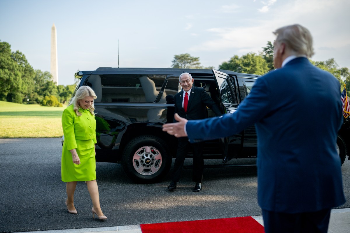 President Donald Trump greets Israeli Prime Minister Benjamin Netanyahu and his wife, Monday, July 7, 2025, at the South Portico of the White House.(Official White House Photo by Daniel Torok)