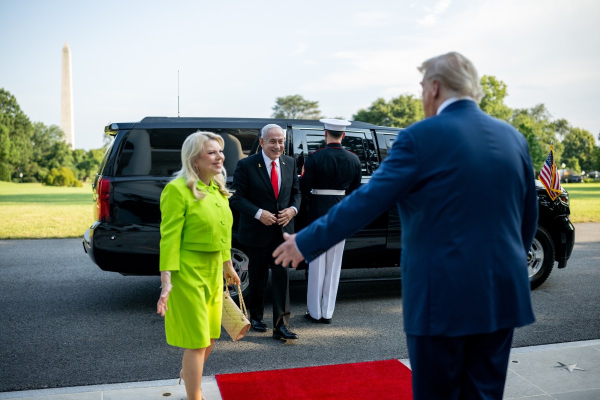President Donald Trump greets Israeli Prime Minister Benjamin Netanyahu and his wife, Monday, July 7, 2025, at the South Portico of the White House.(Official White House Photo by Daniel Torok)