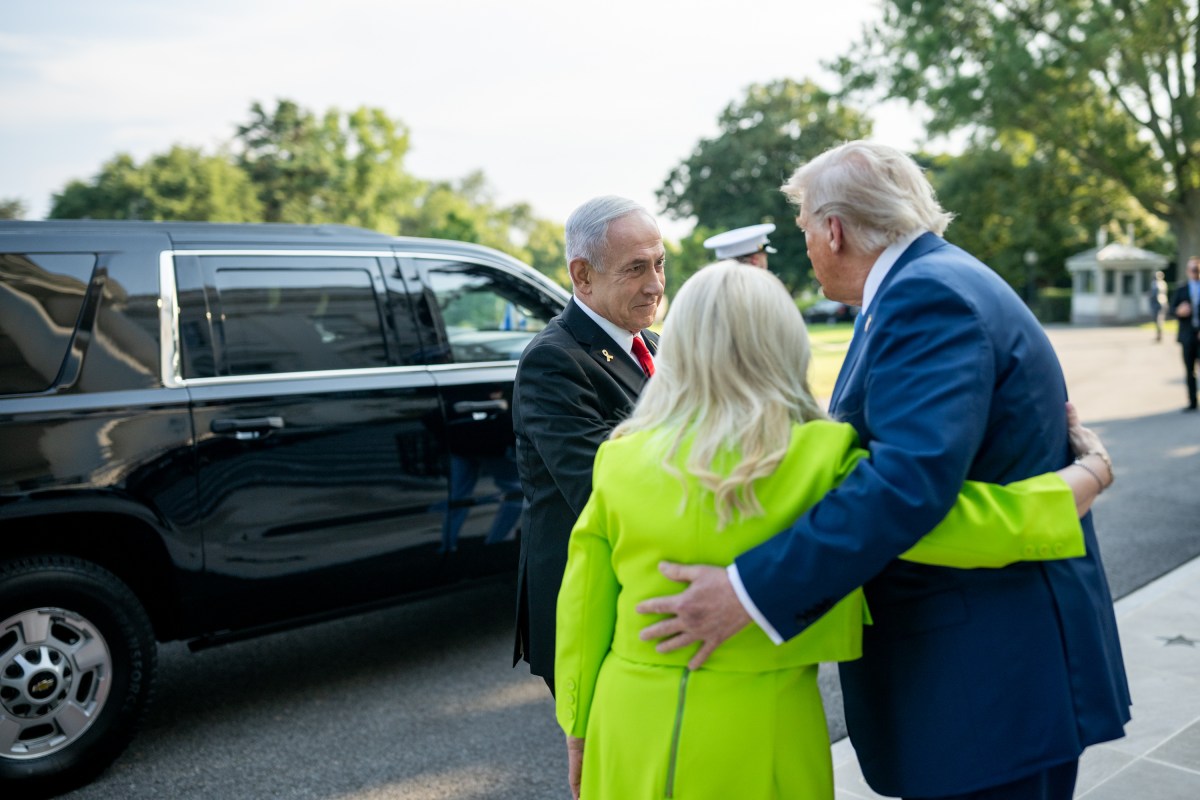 President Donald Trump greets Israeli Prime Minister Benjamin Netanyahu and his wife, Monday, July 7, 2025, at the South Portico of the White House.(Official White House Photo by Daniel Torok)