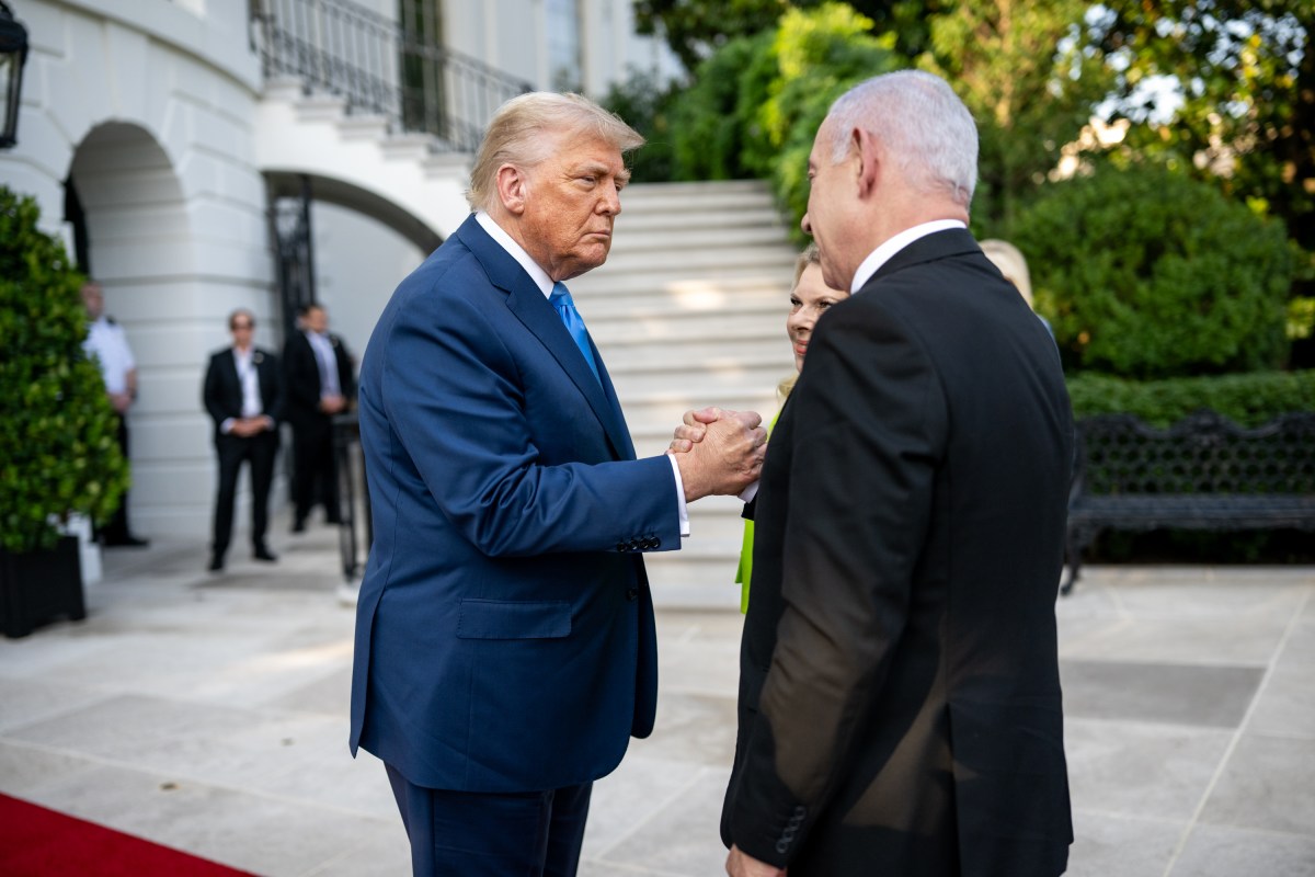 President Donald Trump greets Israeli Prime Minister Benjamin Netanyahu and his wife, Monday, July 7, 2025, at the South Portico of the White House.(Official White House Photo by Daniel Torok)