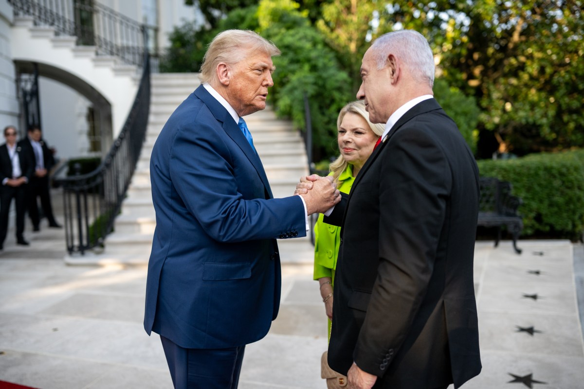 President Donald Trump greets Israeli Prime Minister Benjamin Netanyahu and his wife, Monday, July 7, 2025, at the South Portico of the White House.(Official White House Photo by Daniel Torok)