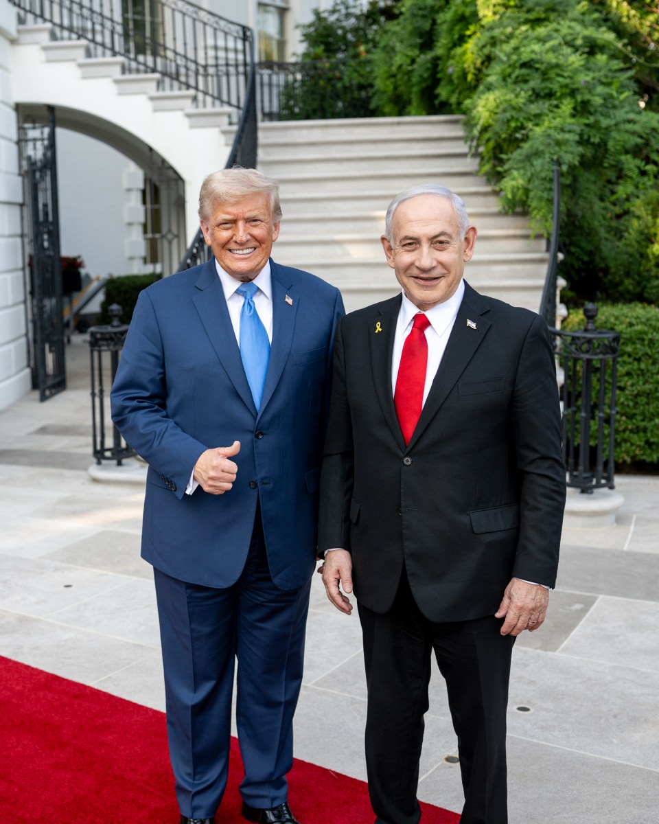 President Donald Trump greets Israeli Prime Minister Benjamin Netanyahu and his wife, Monday, July 7, 2025, at the South Portico of the White House.(Official White House Photo by Daniel Torok)
