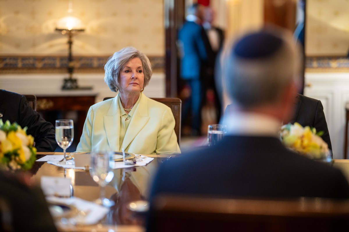 Chief of Staff Susie Wiles looks on as President Donald Trump speaks to the press during a bilateral dinner with Israeli Prime Minister Benjamin Netanyahu, Monday, July 7, 2025, in the Blue Room. (Official White House Photo by Daniel Torok)
