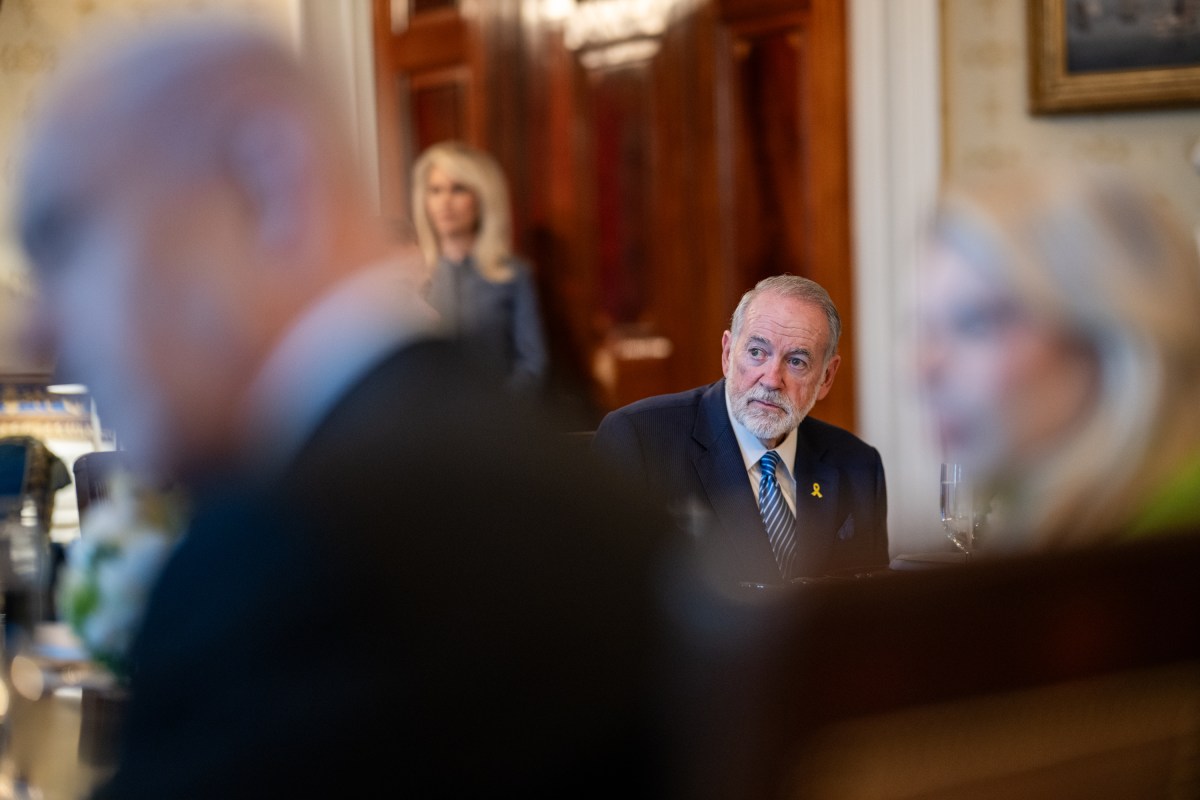 Ambassador to Israel Mike Huckabee looks on as President Donald Trump speaks to the press during a bilateral dinner with Israeli Prime Minister Benjamin Netanyahu, Monday, July 7, 2025, in the Blue Room. (Official White House Photo by Daniel Torok)
