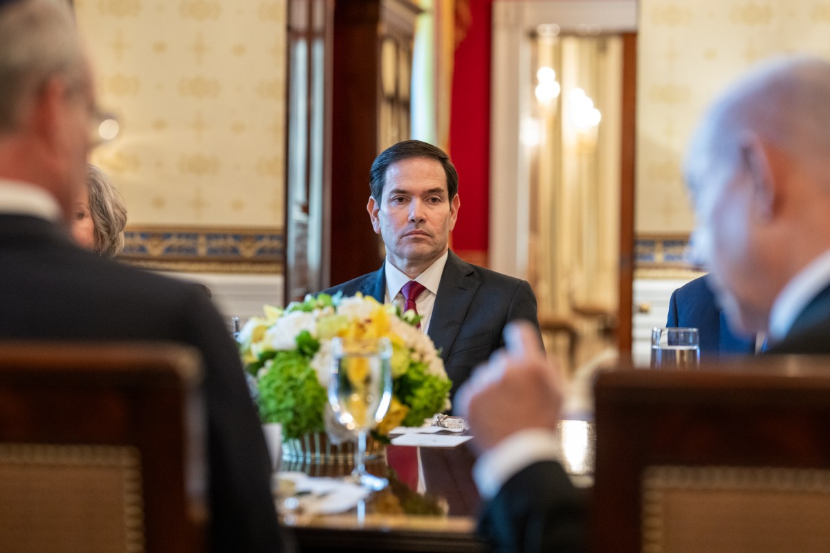Secretary of State Marco Rubio looks on as President Donald Trump and Israeli Prime Minister Benjamin Netanyahu speak to the press before a bilateral dinner in the Blue Room, Monday, July 7, 2025. (Official White House Photo by Daniel Torok)