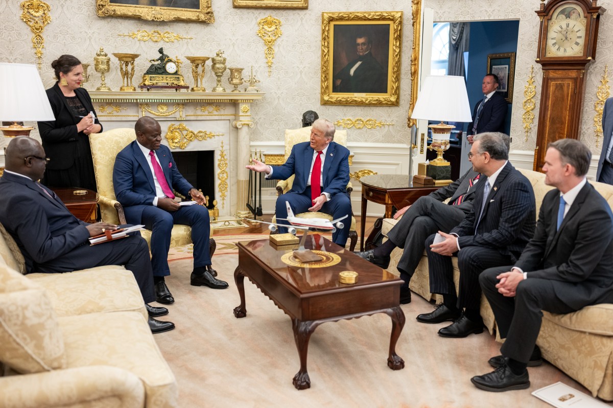 President Donald Trump speaks with President Brice Clotaire Oligui Nguema of Gabon in the Oval Office, Wednesday, July 9, 2025, before a multilateral luncheon with African leaders.  (Official White House Photo by Daniel Torok)