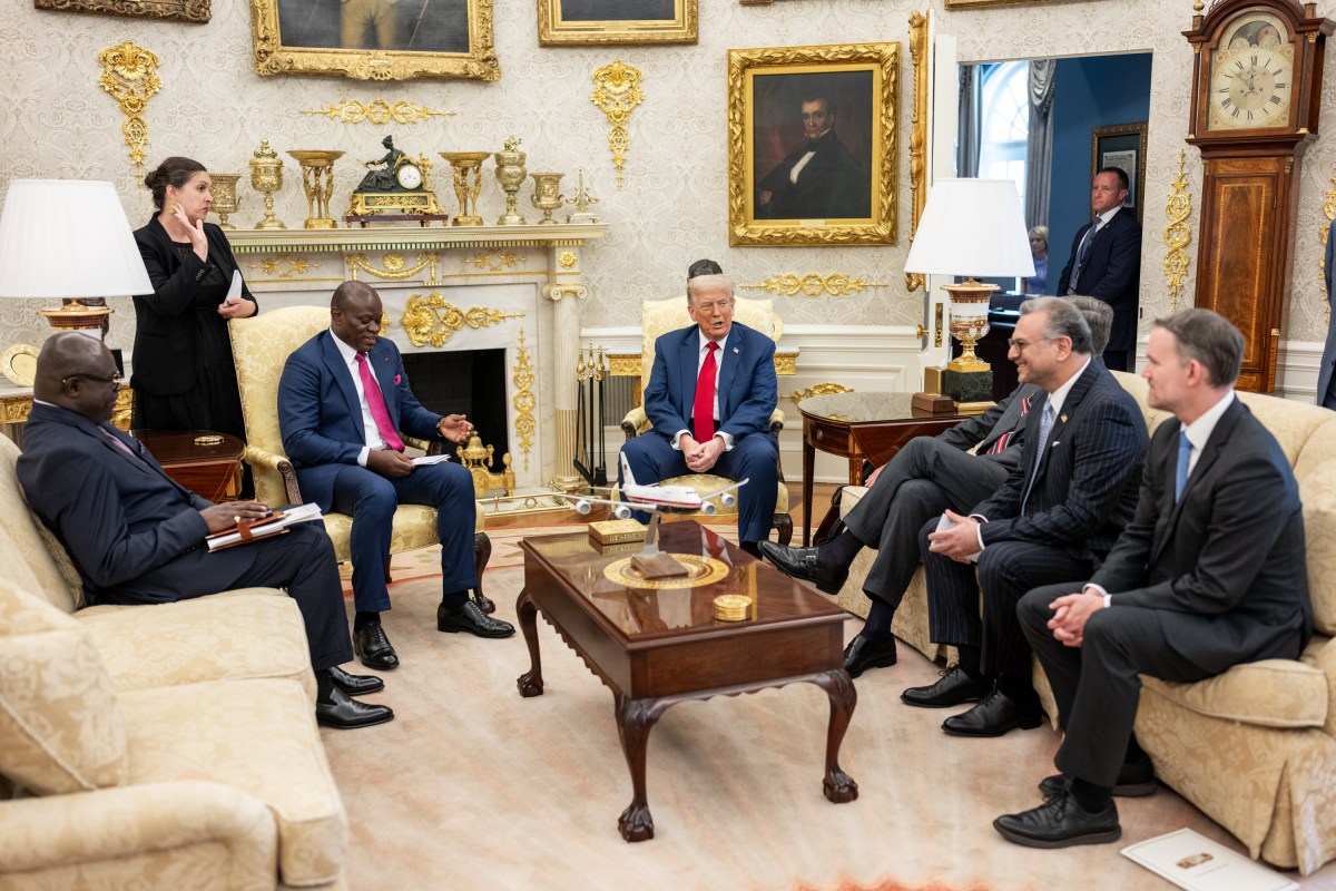 President Donald Trump speaks with President Brice Clotaire Oligui Nguema of Gabon in the Oval Office, Wednesday, July 9, 2025, before a multilateral luncheon with African leaders.  (Official White House Photo by Daniel Torok)