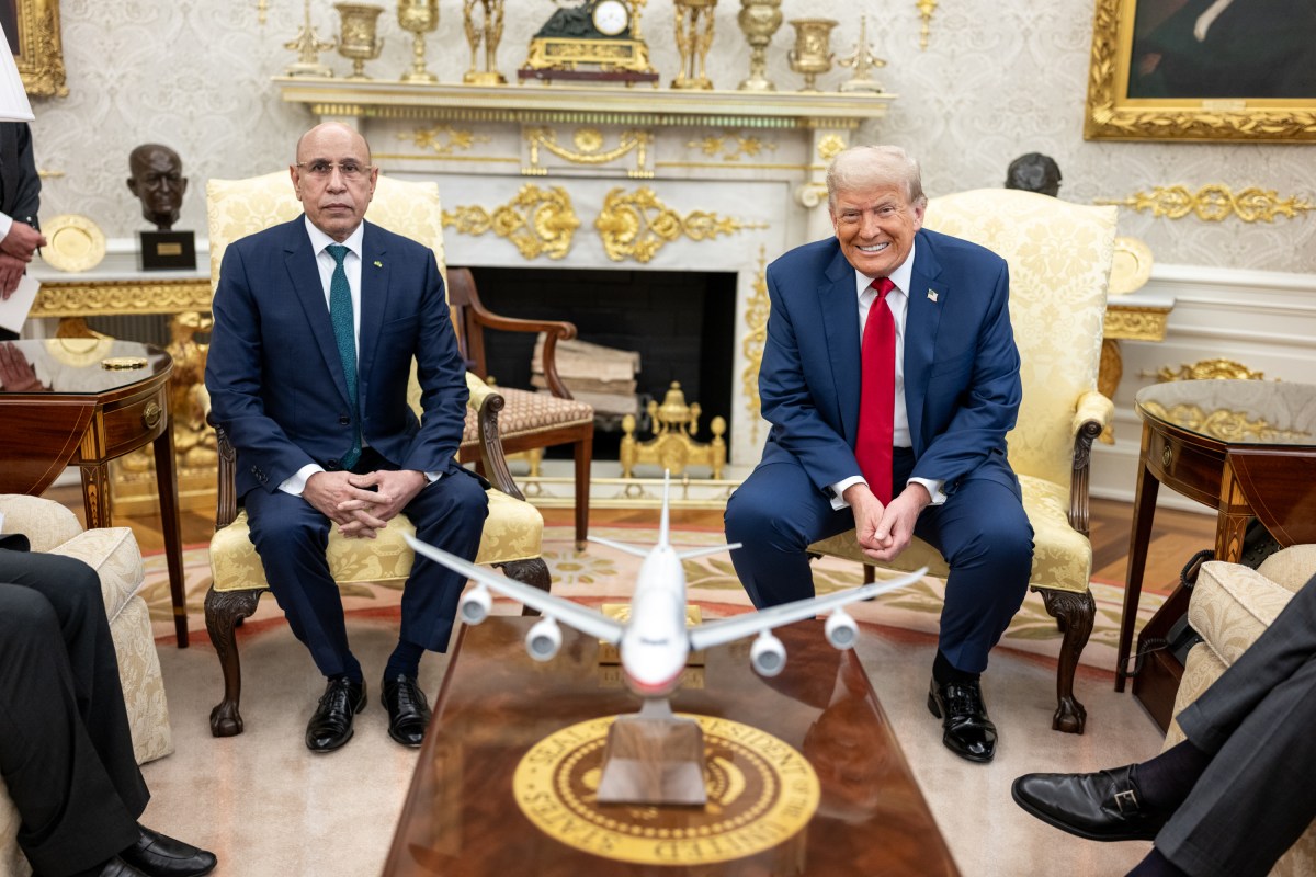 President Donald Trump greets President Mohamed Ould Cheikh El Ghazouani of Mauritania in the Oval Office, Wednesday, July 9, 2025, before a multilateral luncheon with African leaders. (Official White House Photo by Daniel Torok)