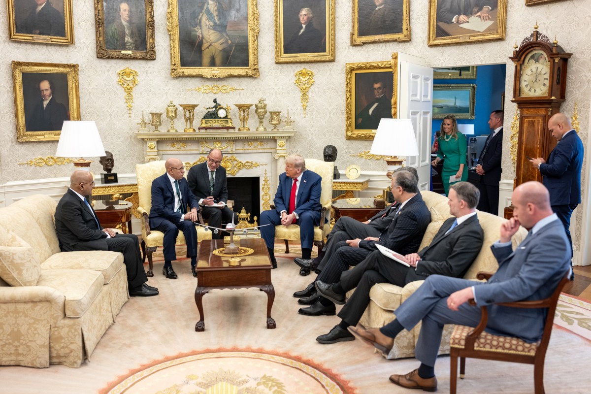 President Donald Trump speaks with President Mohamed Ould Cheikh El Ghazouani of Mauritania in the Oval Office, Wednesday, July 9, 2025, before a multilateral luncheon with African leaders. (Official White House Photo by Daniel Torok)