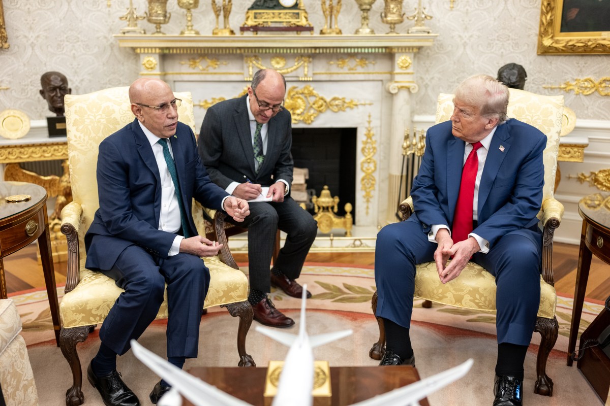 President Donald Trump speaks with President Mohamed Ould Cheikh El Ghazouani of Mauritania in the Oval Office, Wednesday, July 9, 2025, before a multilateral luncheon with African leaders. (Official White House Photo by Daniel Torok)