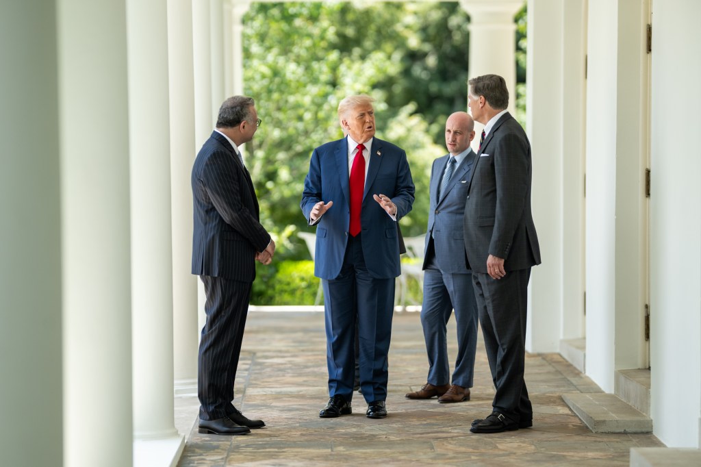 President Donald Trump speaks with Massad Boulos and Deputy Chief of Staff Stephen Miller on the West Colonnade, Wednesday, July 9, 2025, before a multilateral luncheon with African leaders.(Official White House Photo by Daniel Torok)