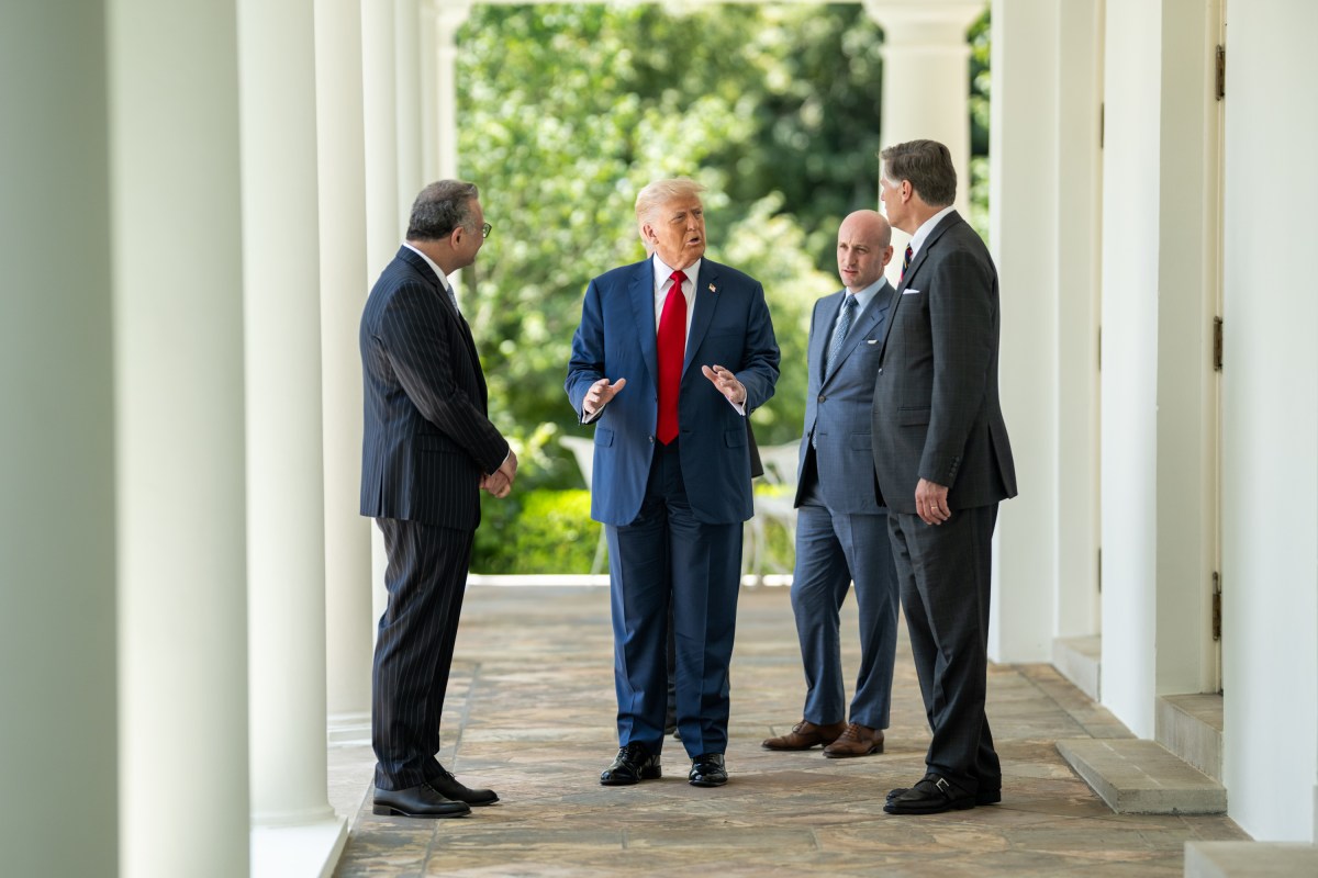 President Donald Trump speaks with Massad Boulos and Deputy Chief of Staff Stephen Miller on the West Colonnade, Wednesday, July 9, 2025, before a multilateral luncheon with African leaders.(Official White House Photo by Daniel Torok)