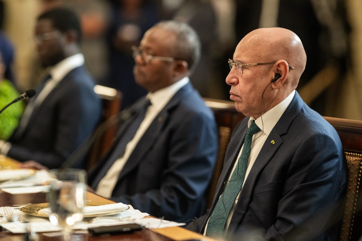 President Mohamed Ould Cheikh El Ghazouani of Mauritania listens as President Donald Trump answers questions from the press during a multilateral luncheon with African leaders, Wednesday, July 9, 2025, in the State Dining Room. (Official White House Photo by Daniel Torok)