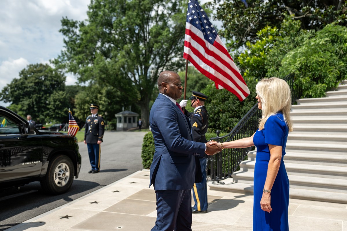 Chief of Protocol Monica Crowley greets President Brice Clotaire Oligui Nguema of Gabon at the South Portico of the White House, Wednesday, July 9, 2025, before attending a multilateral luncheon with President Donald Trump and other African leaders. (Official White House Photo by Molly Riley)