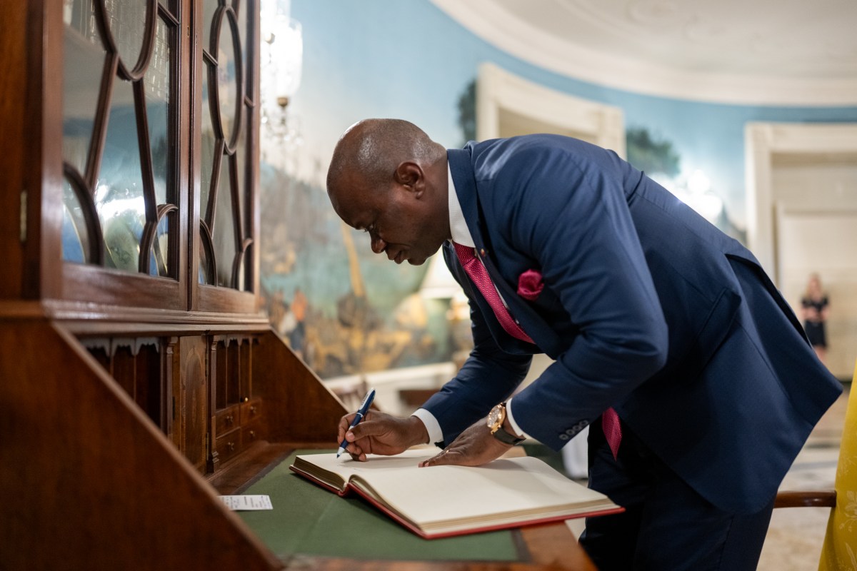 President Brice Clotaire Oligui Nguema of Gabon signs the guest book in the Diplomatic Reception Room in the White House, Wednesday, July 9, 2025, before attending a multilateral luncheon with President Donald Trump and other African leaders. (Official White House Photo by Molly Riley)