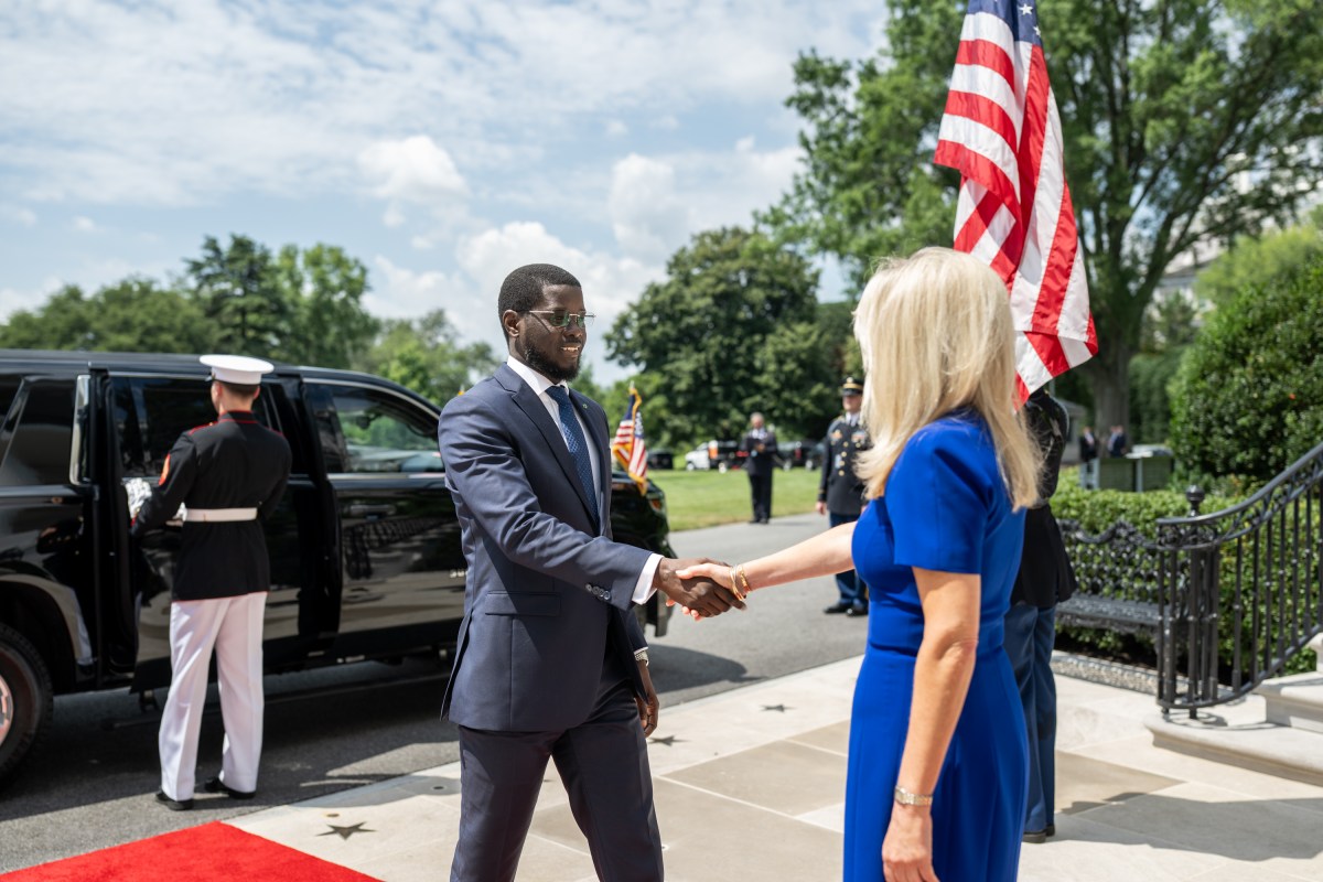 Chief of Protocol Monica Crowley greets President Bassirou Diomaye Faye of Senegal at the South Portico of the White House, Wednesday, July 9, 2025, before attending a multilateral luncheon with President Donald Trump and other African leaders. (Official White House Photo by Molly Riley)