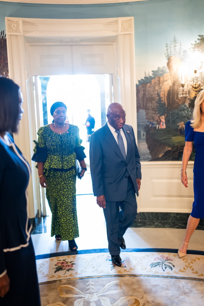 Chief of Protocol Monica Crowley greets President Joseph Nyuma Boakai of Liberia at the South Portico of the White House, Wednesday, July 9, 2025, before attending a multilateral luncheon with President Donald Trump and other African leaders. (Official White House Photo by Molly Riley)