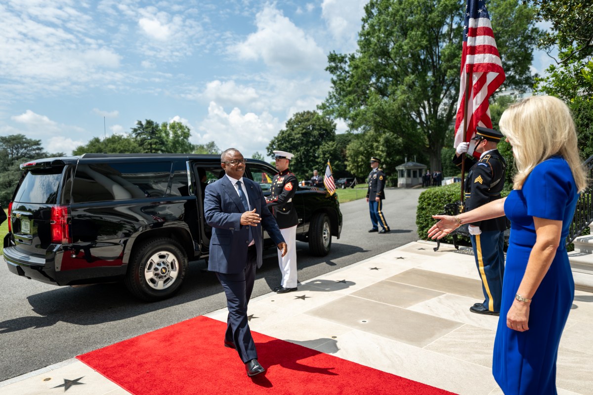 Chief of Protocol Monica Crowley greets President Umaro Sissoco Embalo of Guinea-Bissau at the South Portico of the White House, Wednesday, July 9, 2025, before attending a multilateral luncheon with President Donald Trump and other African leaders. (Official White House Photo by Molly Riley)