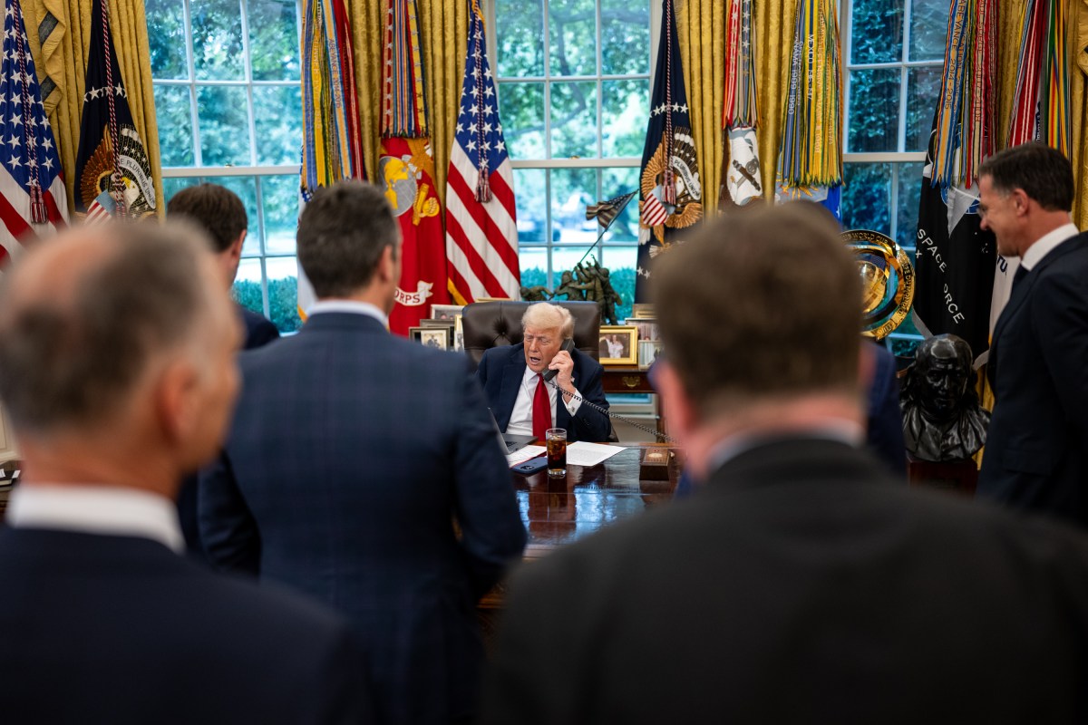 President Donald Trump takes a call before meeting with NATO Secretary Mark Rutte, Monday, July 14, 2025, in the Oval Office. (Official White House Photo by Daniel Torok)