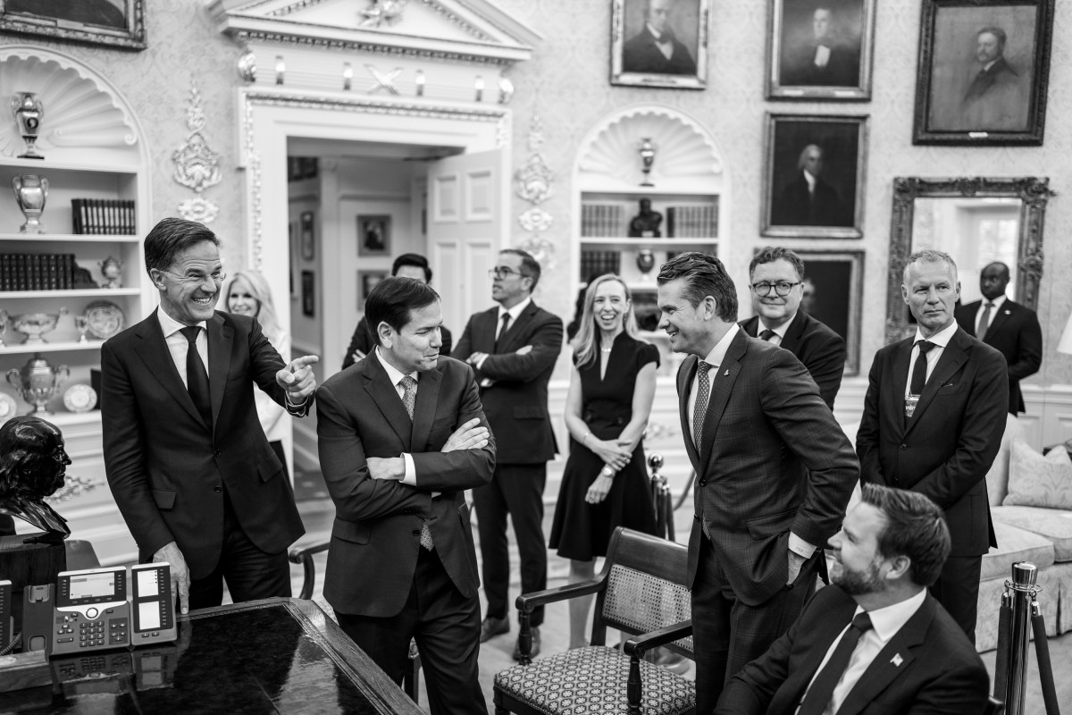 NATO Secretary Mark Rutte, Secretary of State Marco Rubio, Secretary of Defense Pete Hegseth, and Vice President JD Vance speak during a meeting with President Donald Trump, Monday, July 14, 2025, in the Oval Office. (Official White House Photo by Daniel Torok)