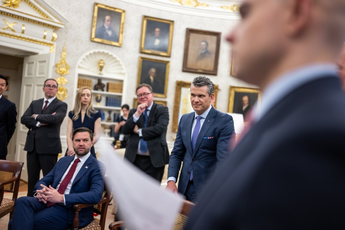 Vice President JD Vance and Secretary of Defense Pete Hegseth look on President Donald Trump meets with NATO Secretary Mark Rutte, Monday, July 14, 2025, in the Oval Office. (Official White House Photo by Daniel Torok)