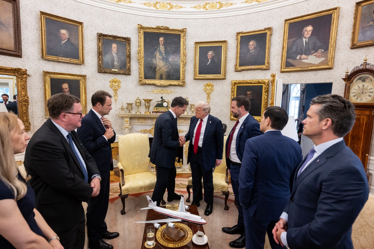 President Donald Trump speaks with NATO Secretary Mark Rutte after their meeting, Monday, July 14, 2025, in the Oval Office. (Official White House Photo by Daniel Torok)