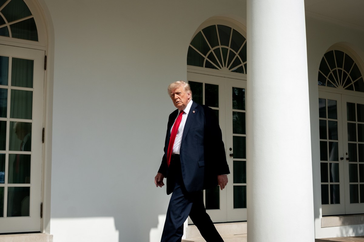 President Donald Trump walks on the West Colonnade to a meeting in the Oval Office with NATO Secretary Mark Rutte, Monday, July 14, 2025. (Official White House Photo by Joyce N. Boghosian)