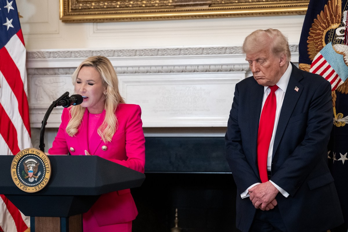Faith Office Advisor Paula White-Cain offers a prayer at a luncheon and briefing with President Donald Trump and the White House Faith Office, Monday, July 14, 2025, in the State Dining Room. (Official White House Photo by Joyce N. Boghosian)