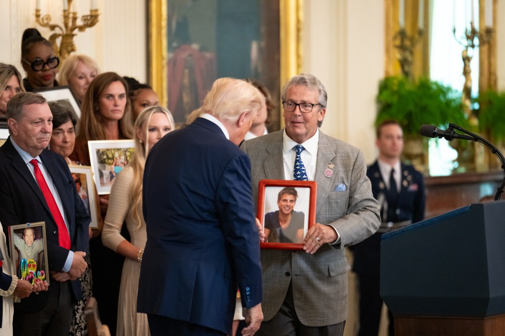 Greg Swan, co-founder of Fentanyl Fathers, delivers remarks at a signing ceremony for the HALT Fentanyl Act, Wednesday, July 16, 2025, in the East Room of the White House. (White House Intern Photo by Jack Power)