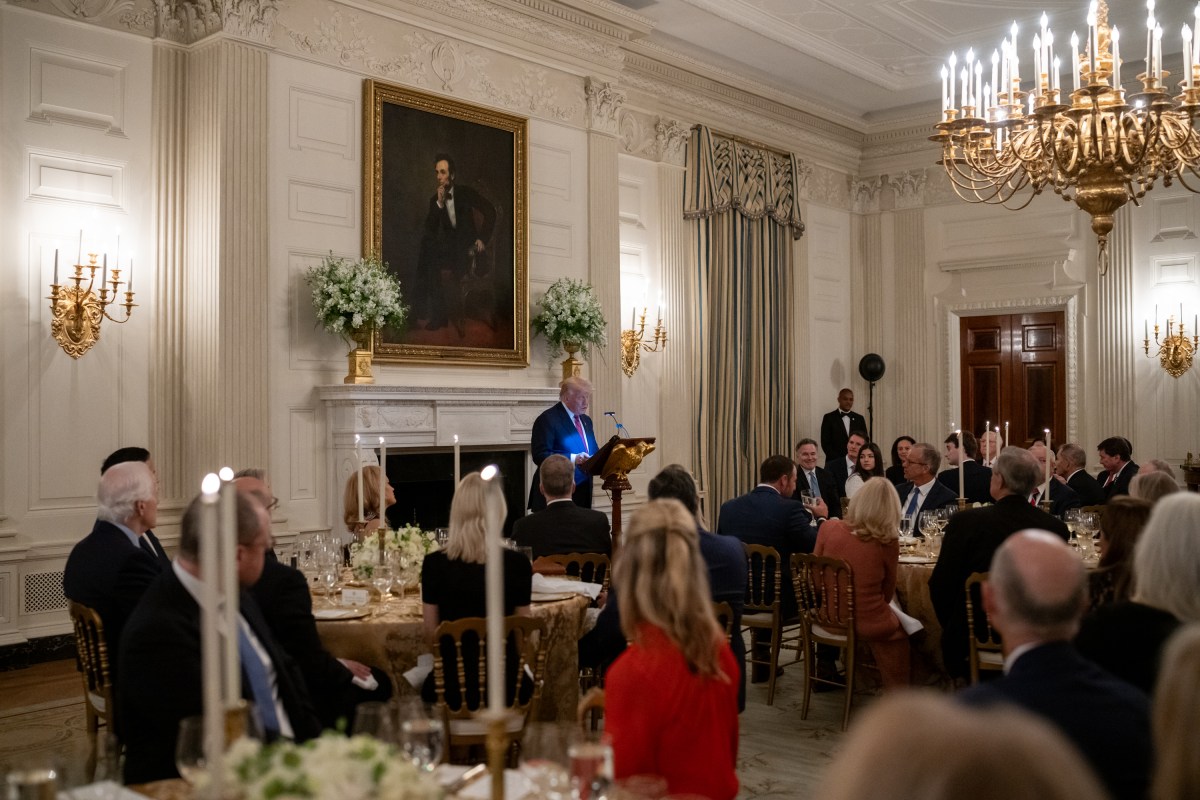 President Donald Trump delivers remarks at a dinner for GOP Senators, Friday, July 18, 2025, in the State Dining Room of the White House. (Official White House Photo by Molly Riley)