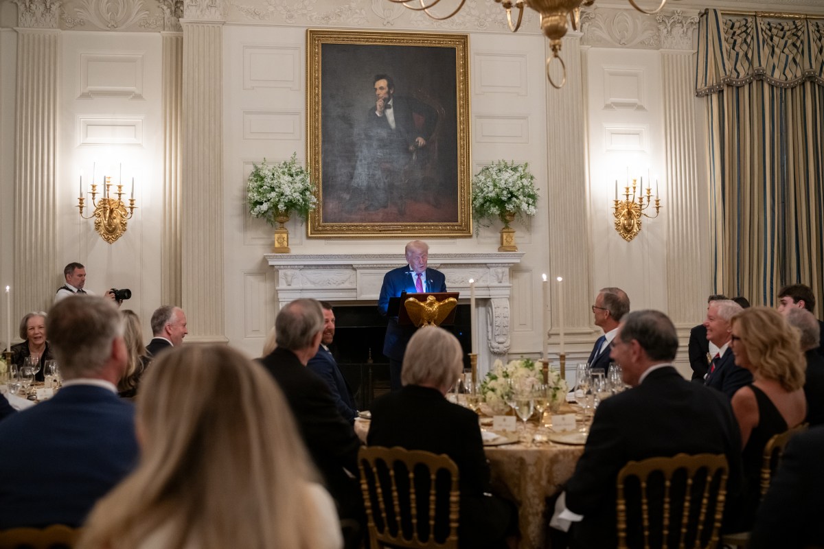 President Donald Trump delivers remarks at a dinner for GOP Senators, Friday, July 18, 2025, in the State Dining Room of the White House. (Official White House Photo by Molly Riley)