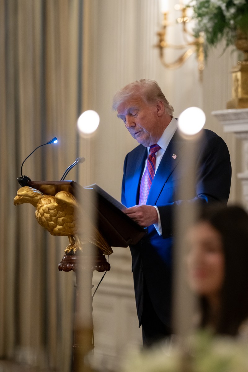 President Donald Trump delivers remarks at a dinner for GOP Senators, Friday, July 18, 2025, in the State Dining Room of the White House. (Official White House Photo by Molly Riley)