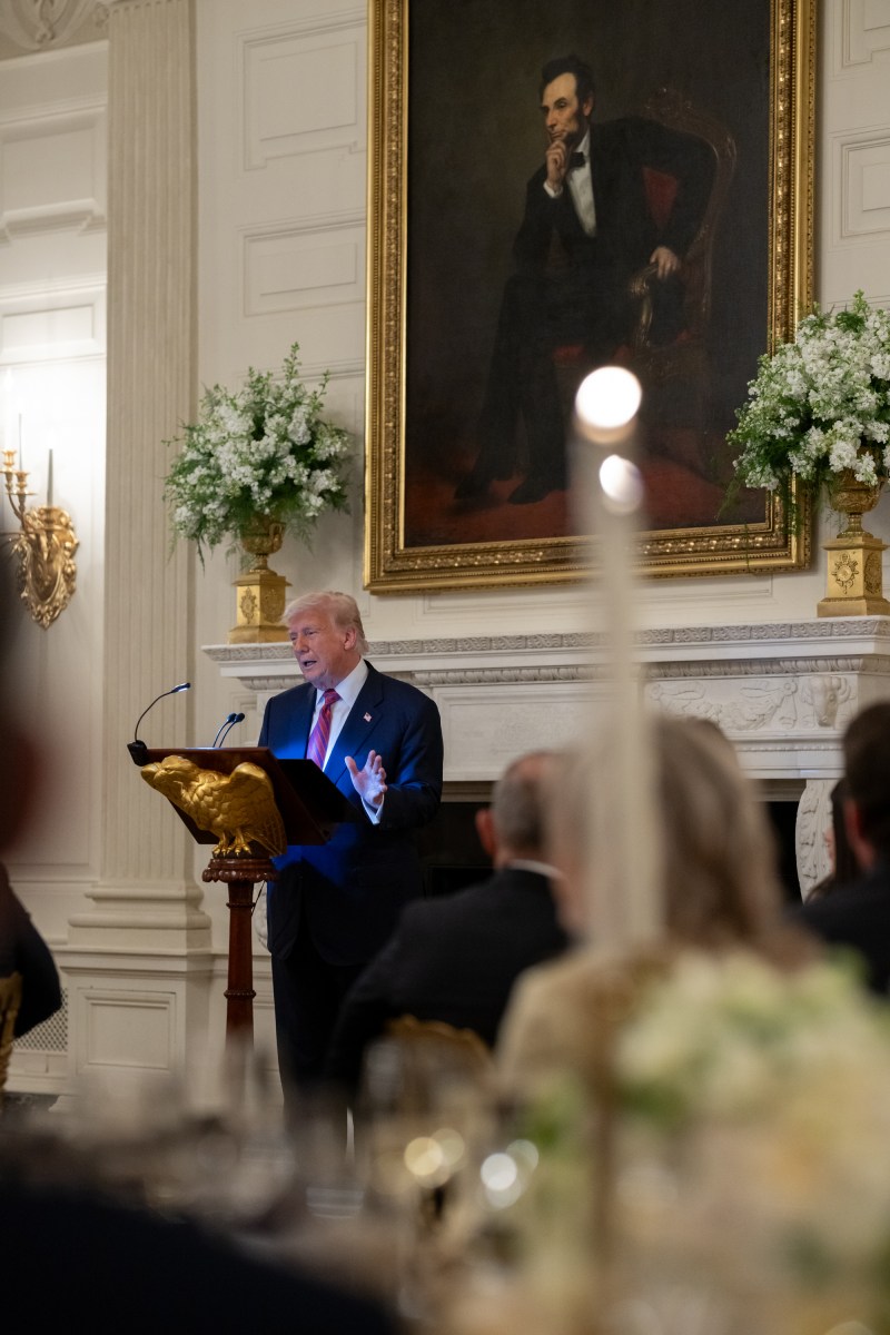 President Donald Trump delivers remarks at a dinner for GOP Senators, Friday, July 18, 2025, in the State Dining Room of the White House. (Official White House Photo by Molly Riley)