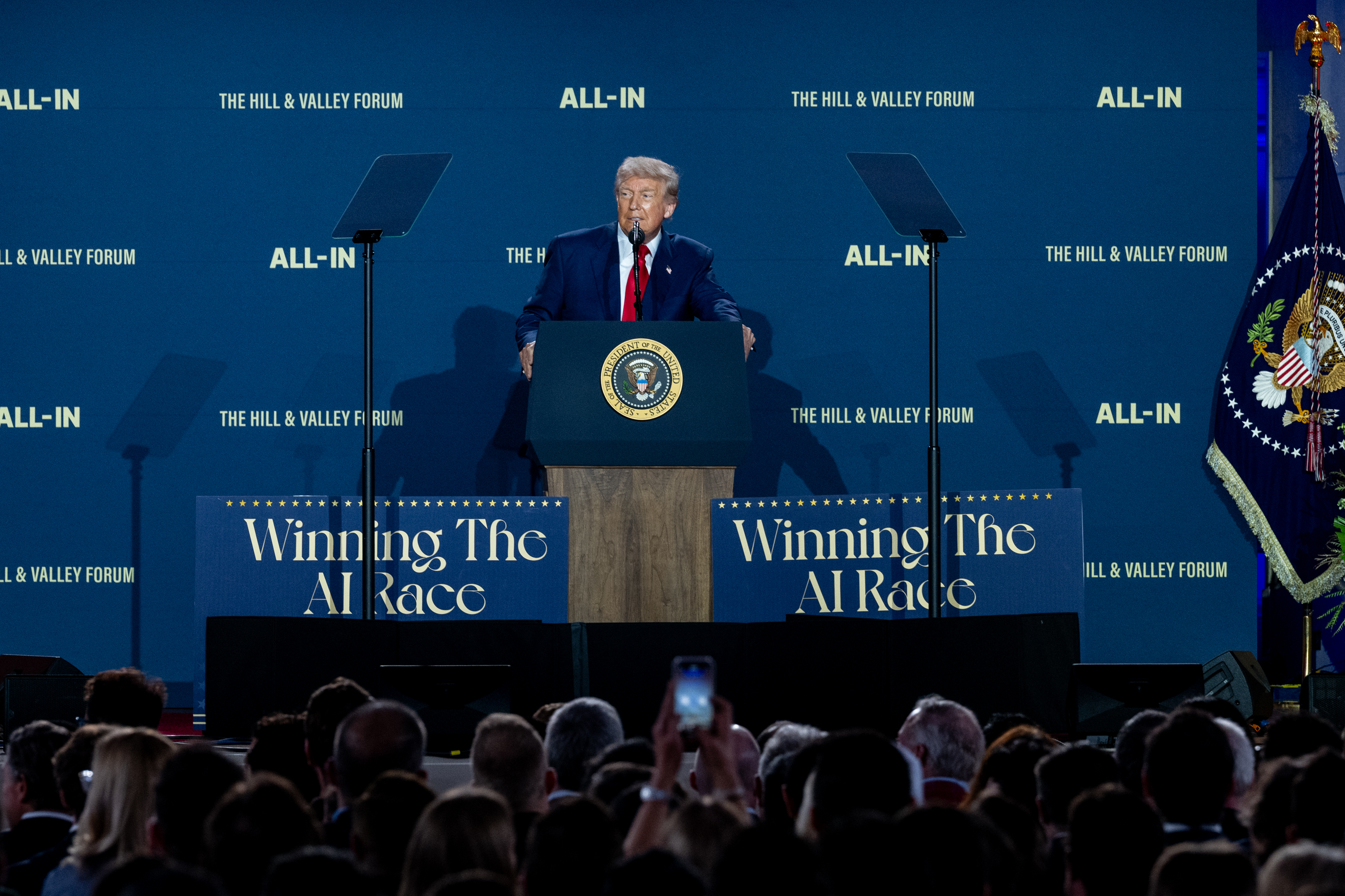 President Donald Trump delivers remarks at the White House AI Summit at ...