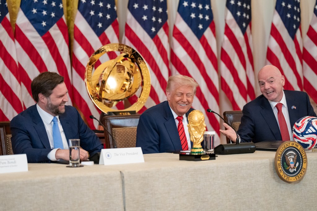 President Donald Trump and Vice President JD Vance attend a FIFA Task Force meeting, Tuesday, May 6, 2025, in the East Room. (Official White House Photo by Emily J. Higgins)