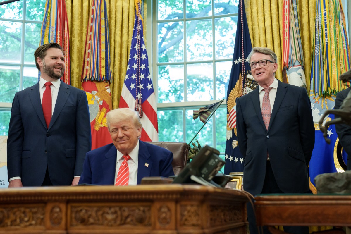 President Donald Trump is joined by Secretary of Commerce Howard Lutnick, Vice President JD Vance, British Ambassador Peter Mandelson, U.S. Trade Representative Jamieson Greer, and Secretary of Agriculture Brooke Rollins, while announcing a trade agreement with the U.K., Thursday, May 8, 2025, in the Oval Office. (Official White House Photo by Emily J. Higgins)