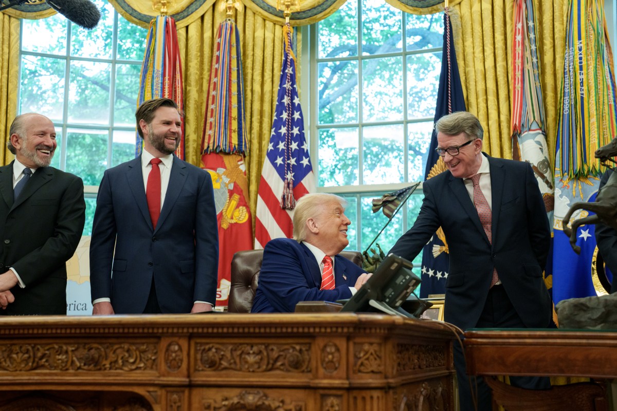 President Donald Trump is joined by Secretary of Commerce Howard Lutnick, Vice President JD Vance, British Ambassador Peter Mandelson, U.S. Trade Representative Jamieson Greer, and Secretary of Agriculture Brooke Rollins, while announcing a trade agreement with the U.K., Thursday, May 8, 2025, in the Oval Office. (Official White House Photo by Emily J. Higgins)
