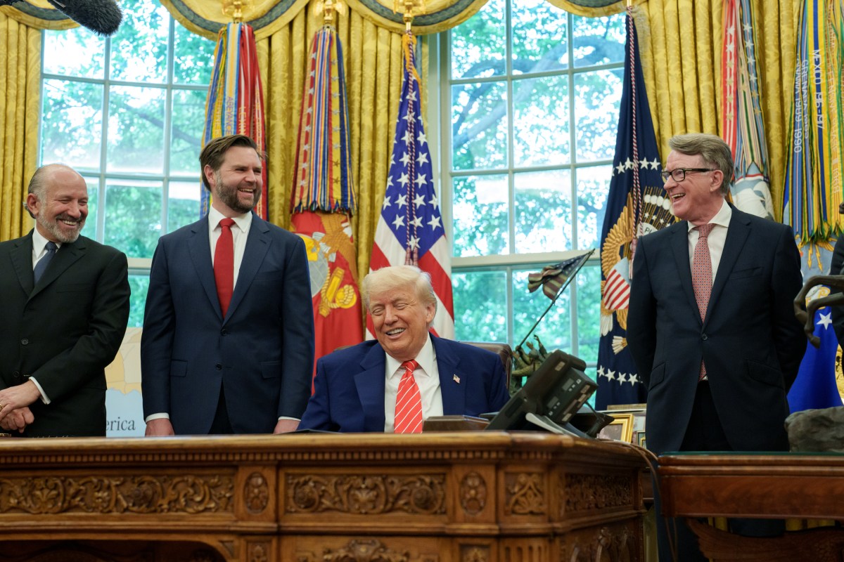 President Donald Trump is joined by Secretary of Commerce Howard Lutnick, Vice President JD Vance, British Ambassador Peter Mandelson, U.S. Trade Representative Jamieson Greer, and Secretary of Agriculture Brooke Rollins, while announcing a trade agreement with the U.K., Thursday, May 8, 2025, in the Oval Office. (Official White House Photo by Emily J. Higgins)