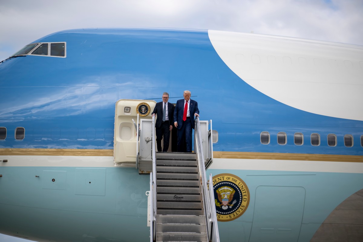 President Donald Trump and U.K. Prime Minister Keir Starmer disembark Air Force One at President Donald Trump disembarks Air Force One at Royal Air Force Lossiemouth, Scotland on Monday, July 28, 2025. (Official White House Photo by Daniel Torok)