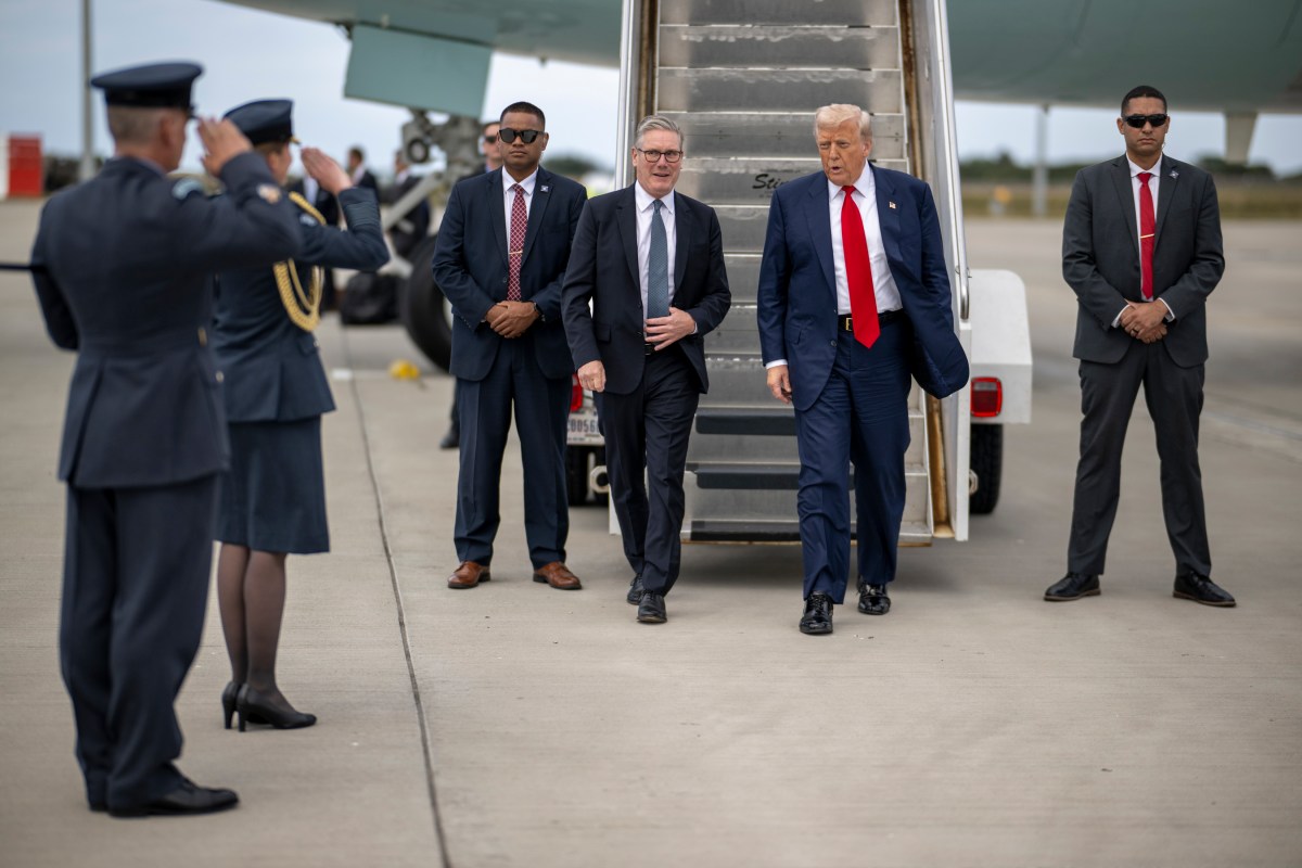 President Donald Trump and U.K. Prime Minister Keir Starmer disembark Air Force One at President Donald Trump disembarks Air Force One at Royal Air Force Lossiemouth, Scotland on Monday, July 28, 2025. (Official White House Photo by Daniel Torok)