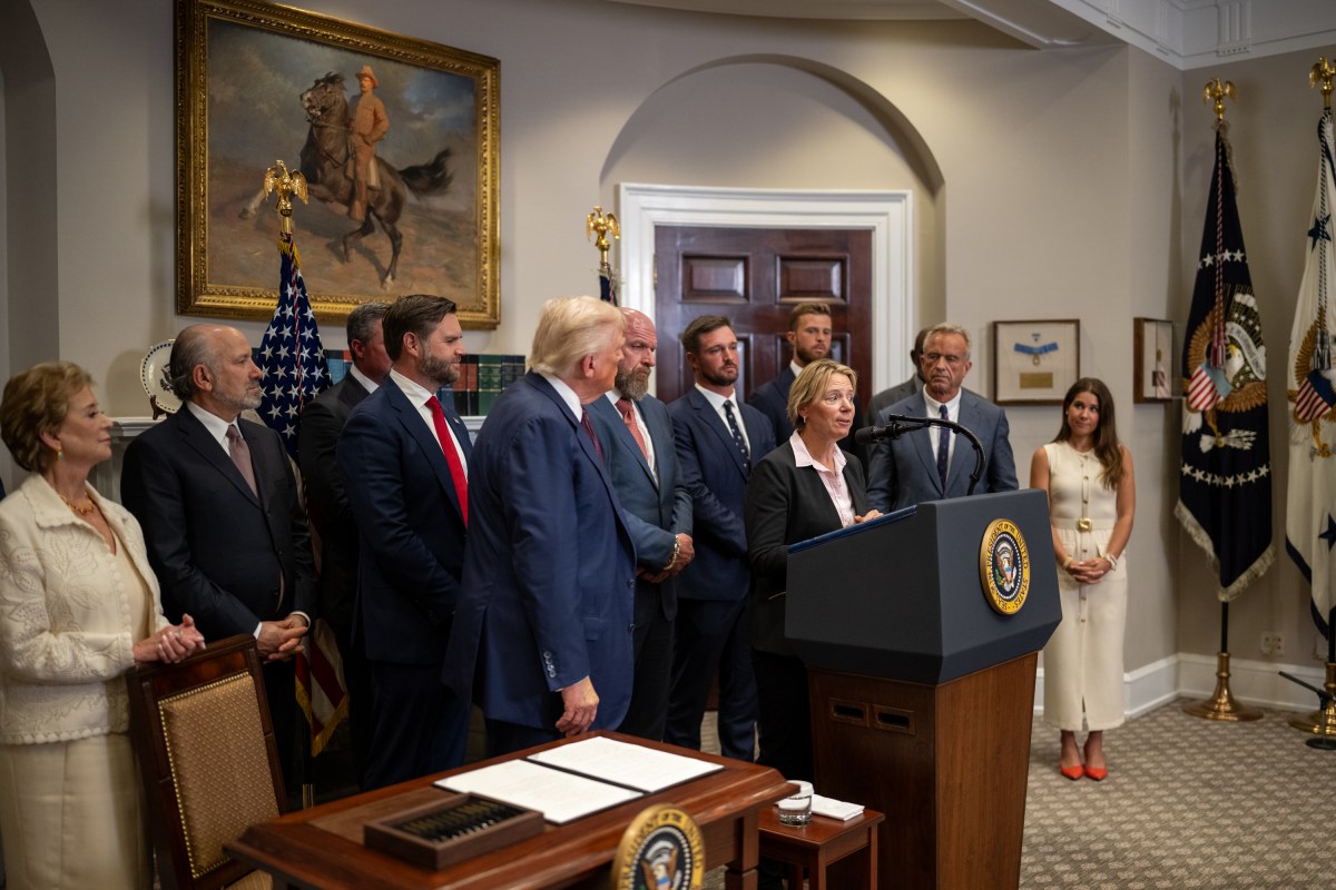 Annika Sorenstam delivers remarks at a Sports Council announcement event, Thursday, July 31, 2025, in the Roosevelt Room of the White House. (Official White House Photo by Daniel Torok)
